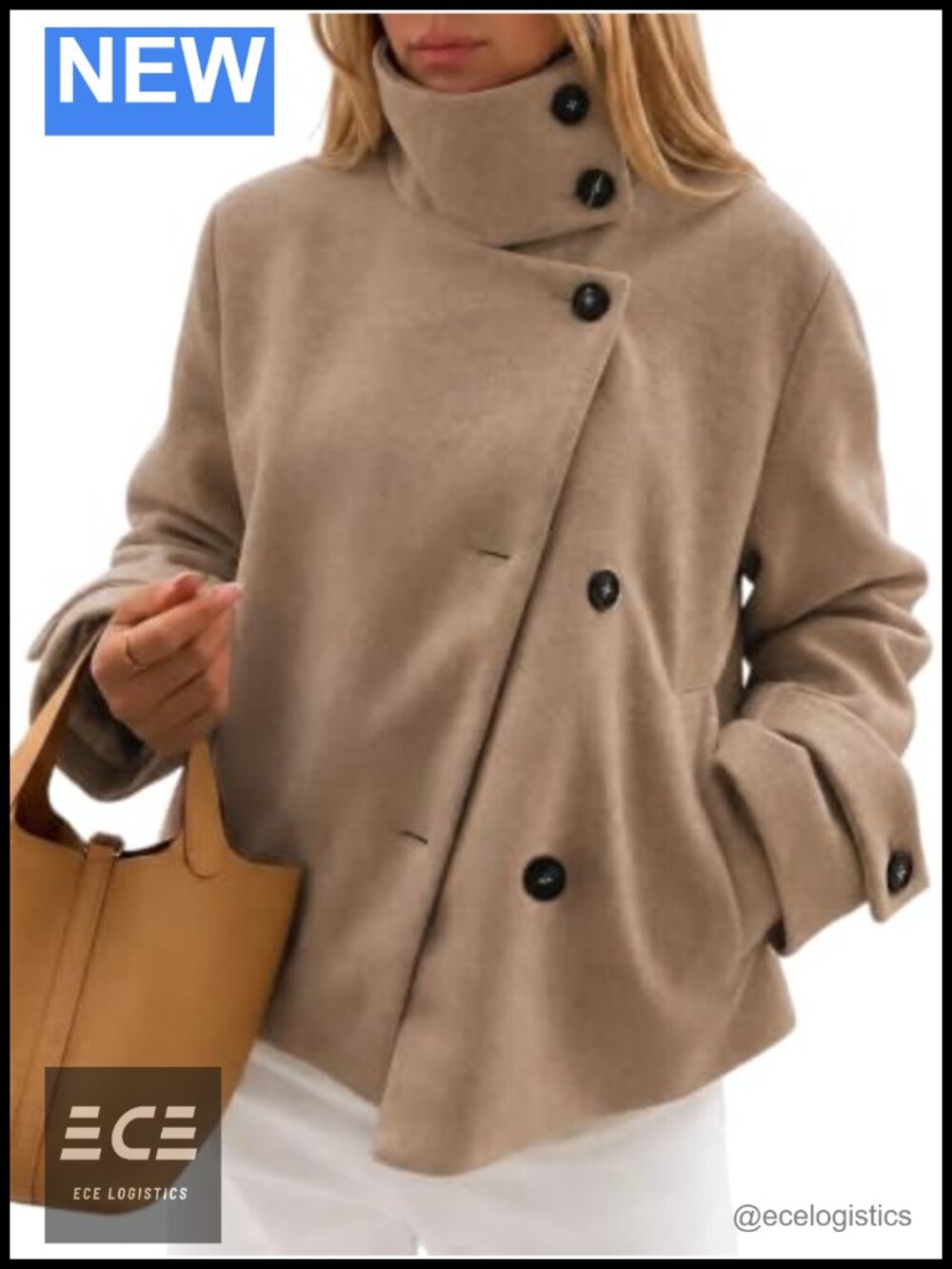 Faux Wool Crop Pea Coat Button Down High Neck Short